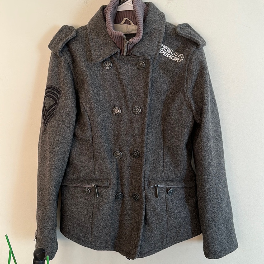 Women's Superdry wool pea coat military navy label gray size M